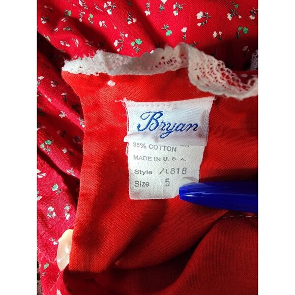 Bryan Vintage Floral CHRISTMAS DRESS Girls Size 5 Red Green Holiday Ruffle 1980s - Picture 7 of 8
